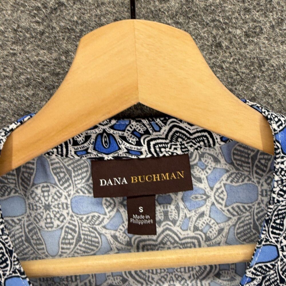 Dana Buchman Shirt Women S Small Blue Geometric Button Up V-Neck Short Sleeve - Picture 3 of 7